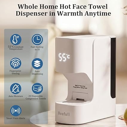 Hot Face Towel Heater Machine, Towel Warmer, 55°C Constant Temperature, 20 Compressed Towels, Smart Voice Alerts, Auto Heating & Dispensing, White