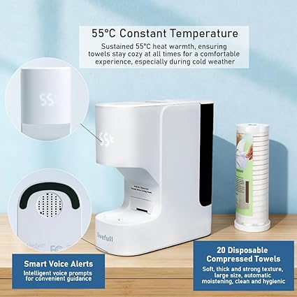 Hot Face Towel Heater Machine, Towel Warmer, 55°C Constant Temperature, 20 Compressed Towels, Smart Voice Alerts, Auto Heating & Dispensing, White